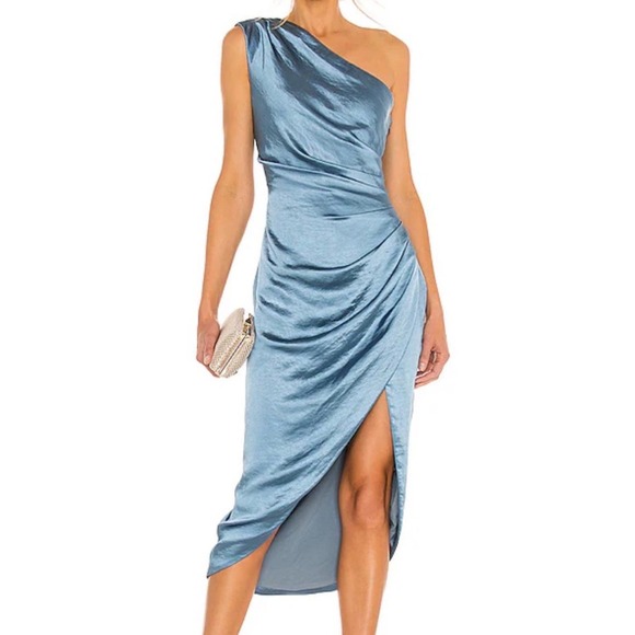Elliatt XL One Shoulder High Slit Satin Cassini Dress in Baby Blue - Picture 1 of 16